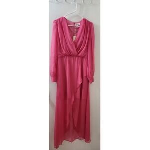 Modesees Women Hot Pink Chiffon Long Sleeve V-Neck High-Low Maxi Dress Size M